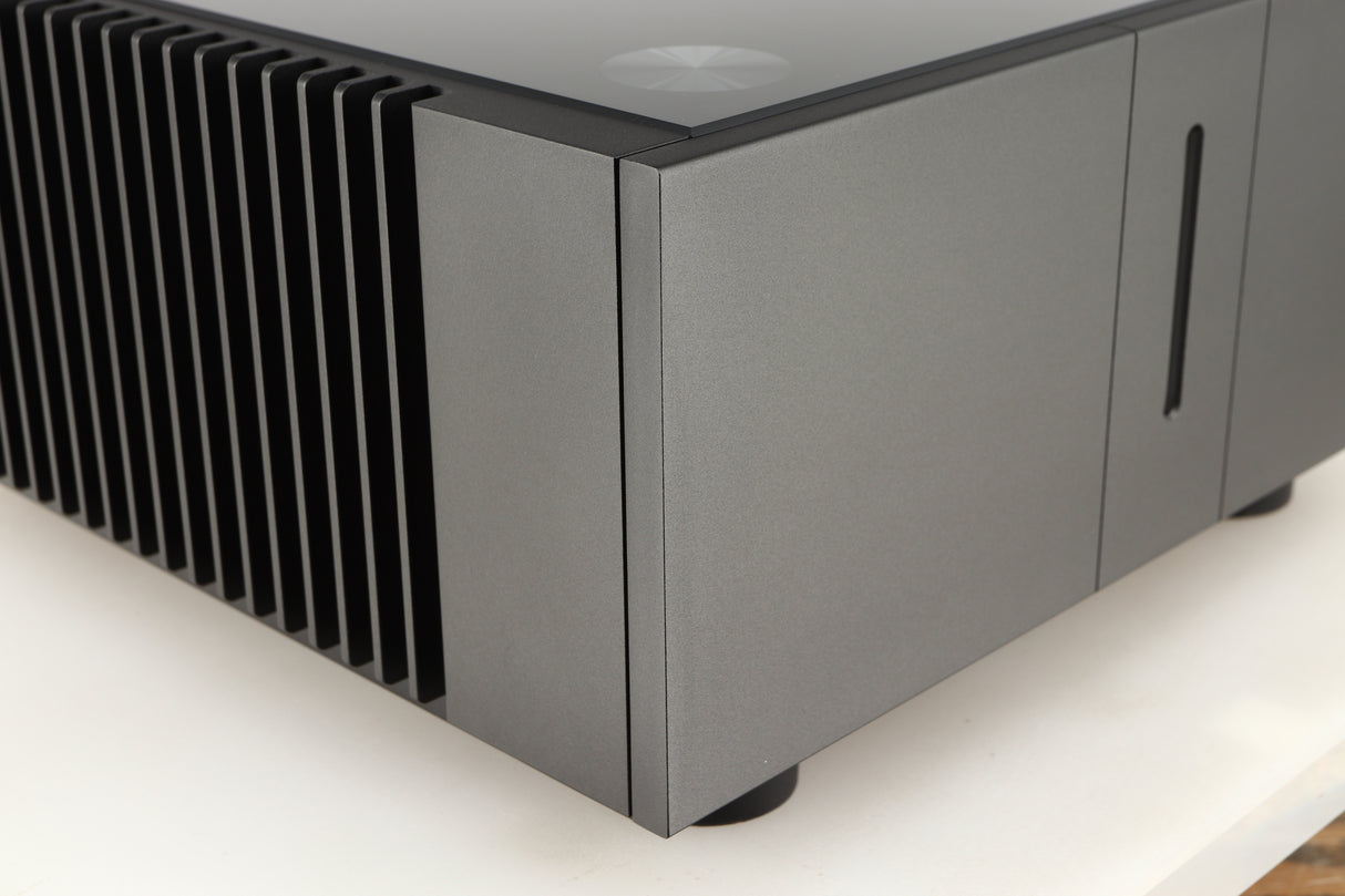 Front left corner of a used Quad Artera Stereo Power Amplifier in a black finish