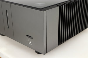 Front right corner of a used Quad Artera Stereo Power Amplifier in a black finish