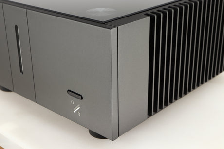 Front right corner of a used Quad Artera Stereo Power Amplifier in a black finish