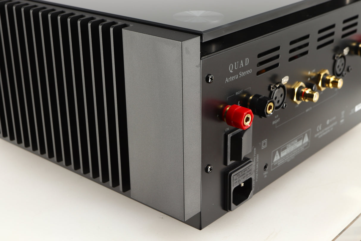 Rear right corner of a used Quad Artera Stereo Power Amplifier in a black finish