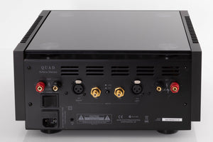 Rear view of a used Quad Artera Stereo Power Amplifier in a Black finish showing Mains Input, Speaker Outputs, XLR Inputs and Phono Inputs