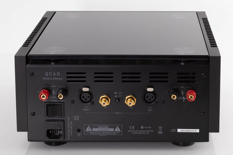 Rear view of a used Quad Artera Stereo Power Amplifier in a Black finish showing Mains Input, Speaker Outputs, XLR Inputs and Phono Inputs