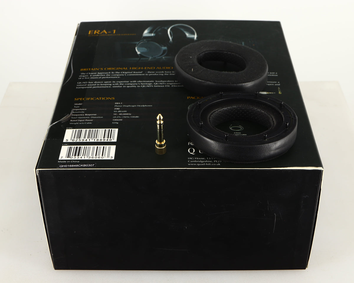 Box for used Quad ERA-1 Headphones showing Spare Ear Pads and Adaptor