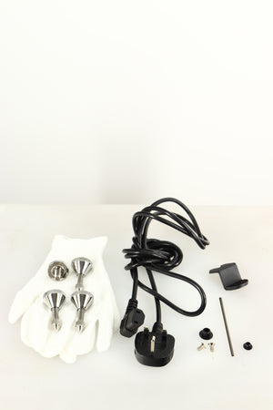 Accessories for a used Quad ESL-2812 Floorstanding Speaker in a black finish showing 4x Feet, Allen Key, 2x Screws, 2x Gloves, 2x Brackets and Mains Cable