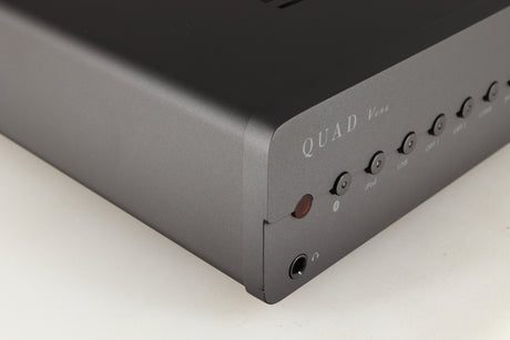 Front left corner of a used Quad Vena Integrated Amplifier in a lancaster grey finish