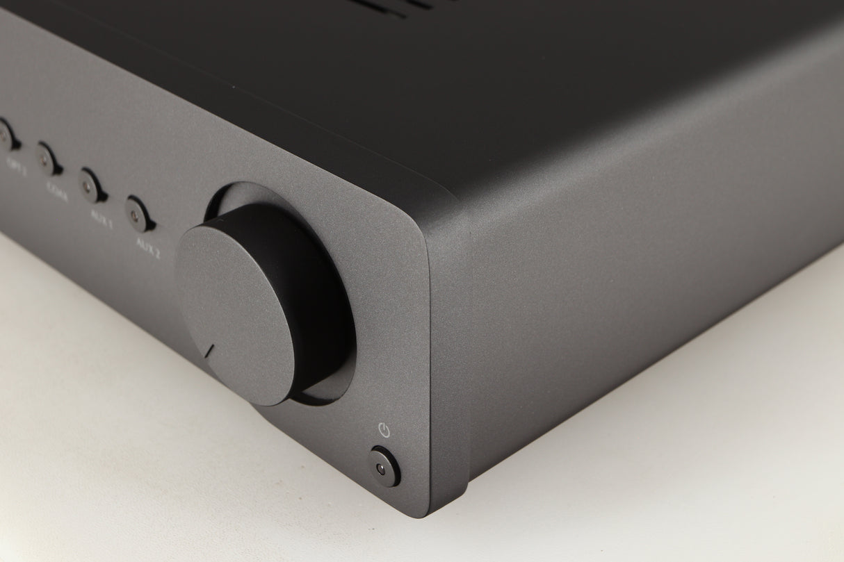 Front right corner of a used Quad Vena Integrated Amplifier in a lancaster grey finish