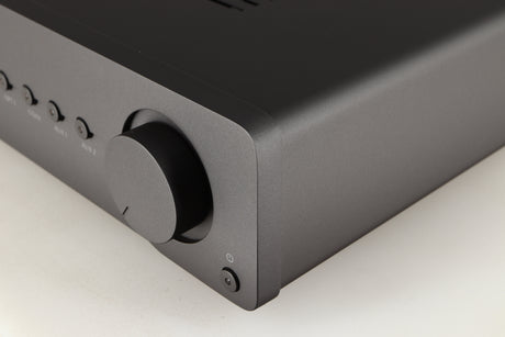 Front right corner of a used Quad Vena Integrated Amplifier in a lancaster grey finish
