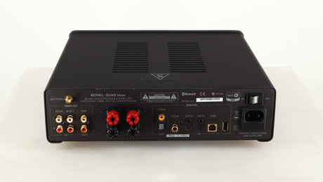 Rear view of a used Quad Vena Integrated Amplifier in a lancaster grey finish showing Phono Inputs, Phono Outputs, Optical Inputs, Optical Output, USB Inputs, Speaker Outputs and Mains Input 