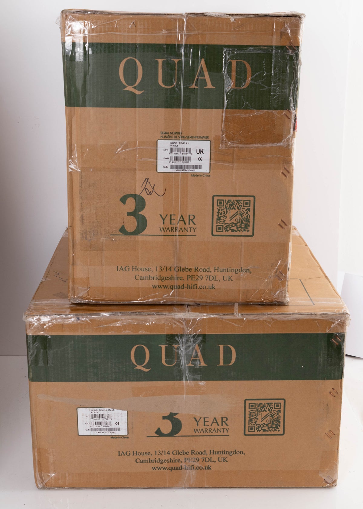 Boxes for used Quad Revela 1 Standmount Speakers W/ Stands in a Walnut finish