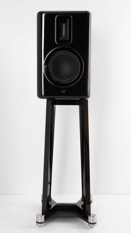 Front view of a used Quad Revela 1 Standmount Speakers W/ Stands in a Walnut finish