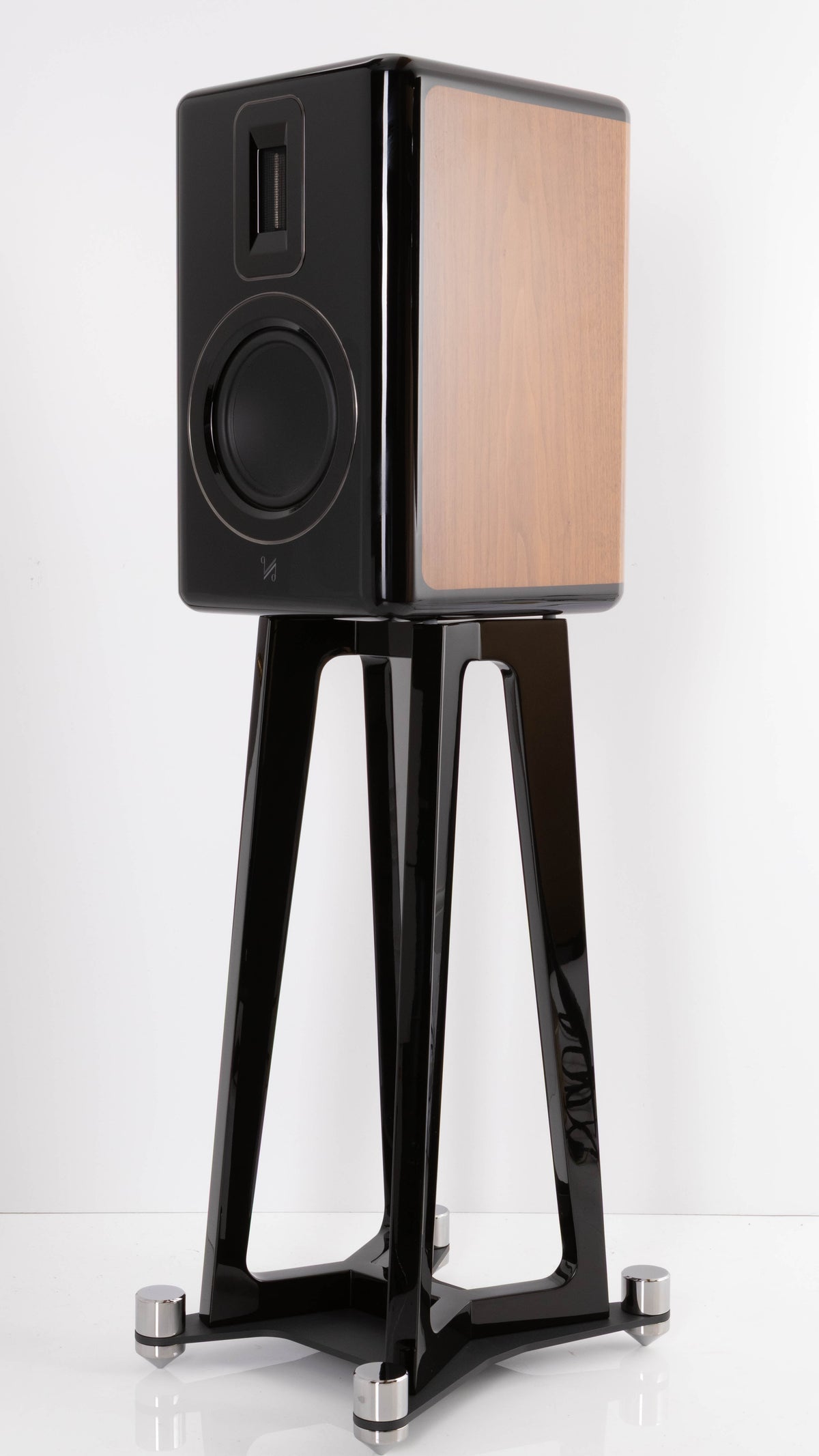 Front right corner of a used Quad Revela 1 Standmount Speakers W/ Stands in a Walnut finish