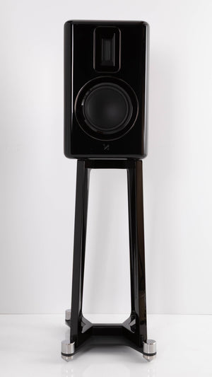 Front view of a used Quad Revela 1 Standmount Speakers W/ Stands in a Walnut finish