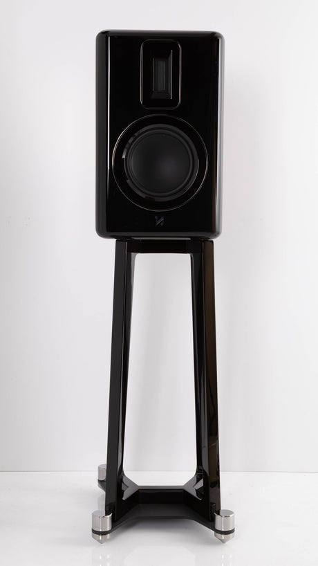 Front view of a used Quad Revela 1 Standmount Speakers W/ Stands in a Walnut finish