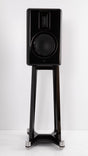 Front view of a used Quad Revela 1 Standmount Speakers W/ Stands in a Walnut finish