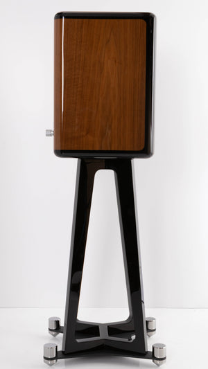 Left side view of a used Quad Revela 1 Standmount Speakers W/ Stands in a Walnut finish