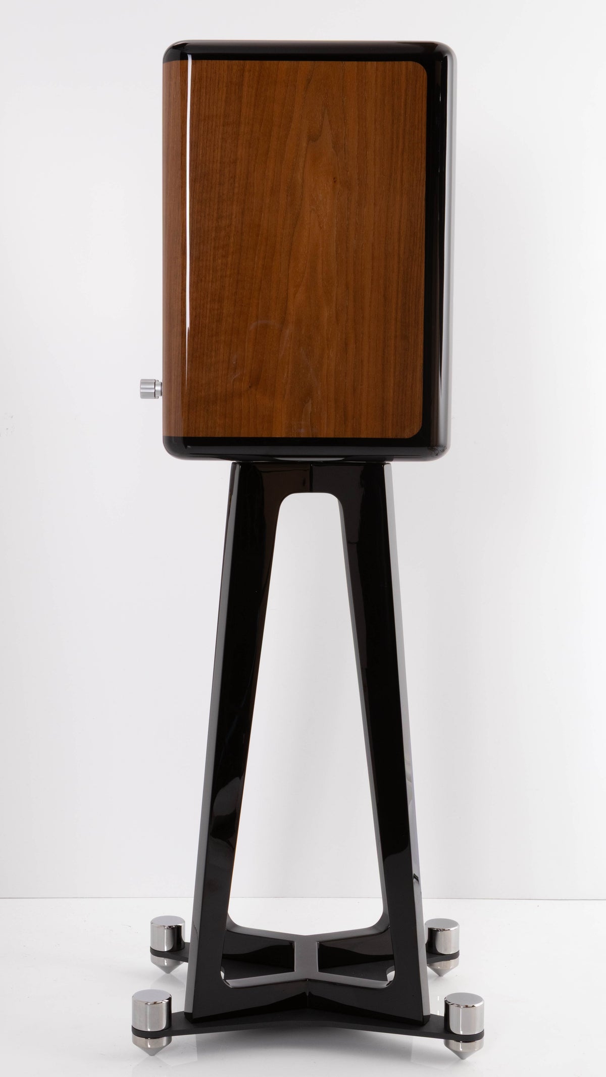 Left side view of a used Quad Revela 1 Standmount Speakers W/ Stands in a Walnut finish