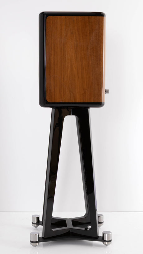 Right side view of a used Quad Revela 1 Standmount Speakers W/ Stands in a Walnut finish