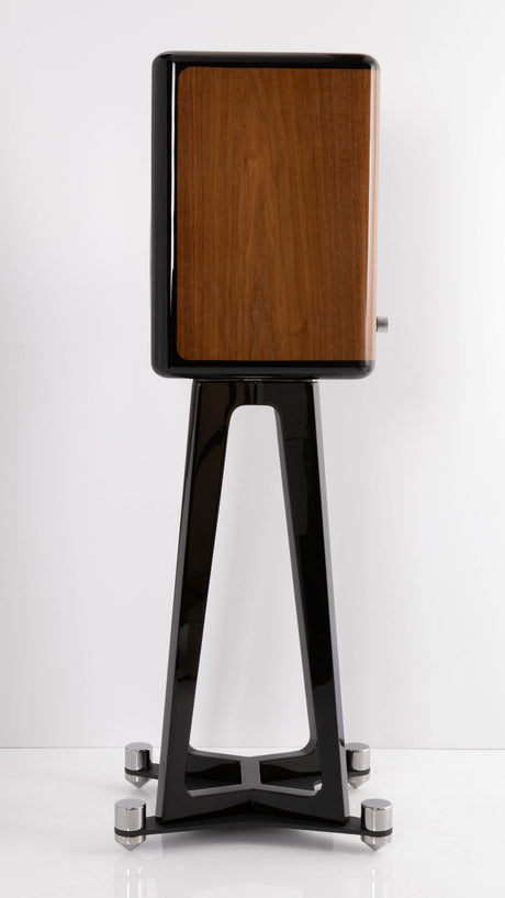 Right side view of a used Quad Revela 1 Standmount Speakers W/ Stands in a Walnut finish