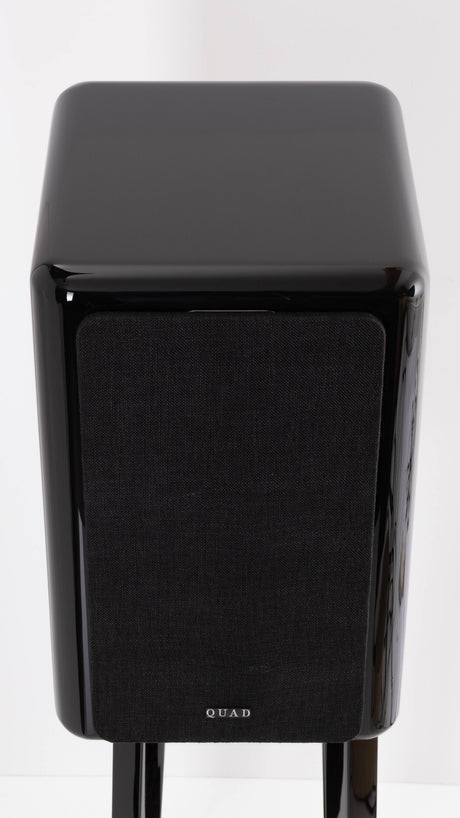 Top of a used Quad Revela 1 Standmount Speakers W/ Stands in a Walnut finish