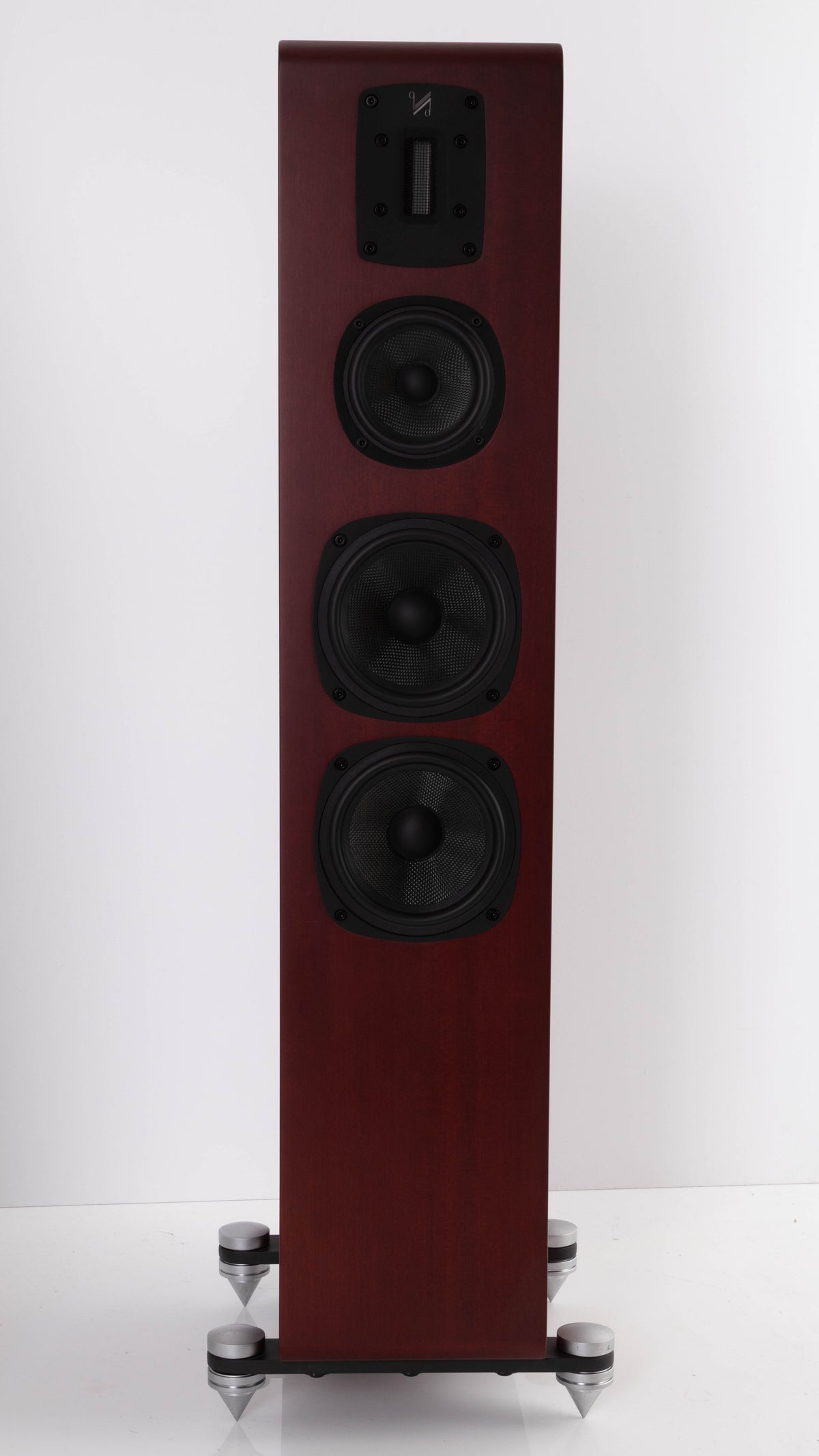 Front view of a used Quad S-4 Floorstanding Speaker in a Sapele Mahogany finish