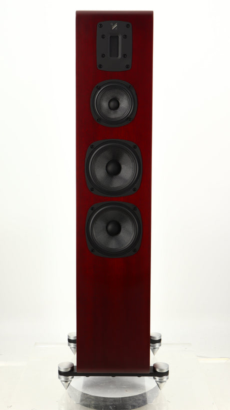 Front view of a used Quad S4 Floorstanding Speaker in a sapele mahogany finish