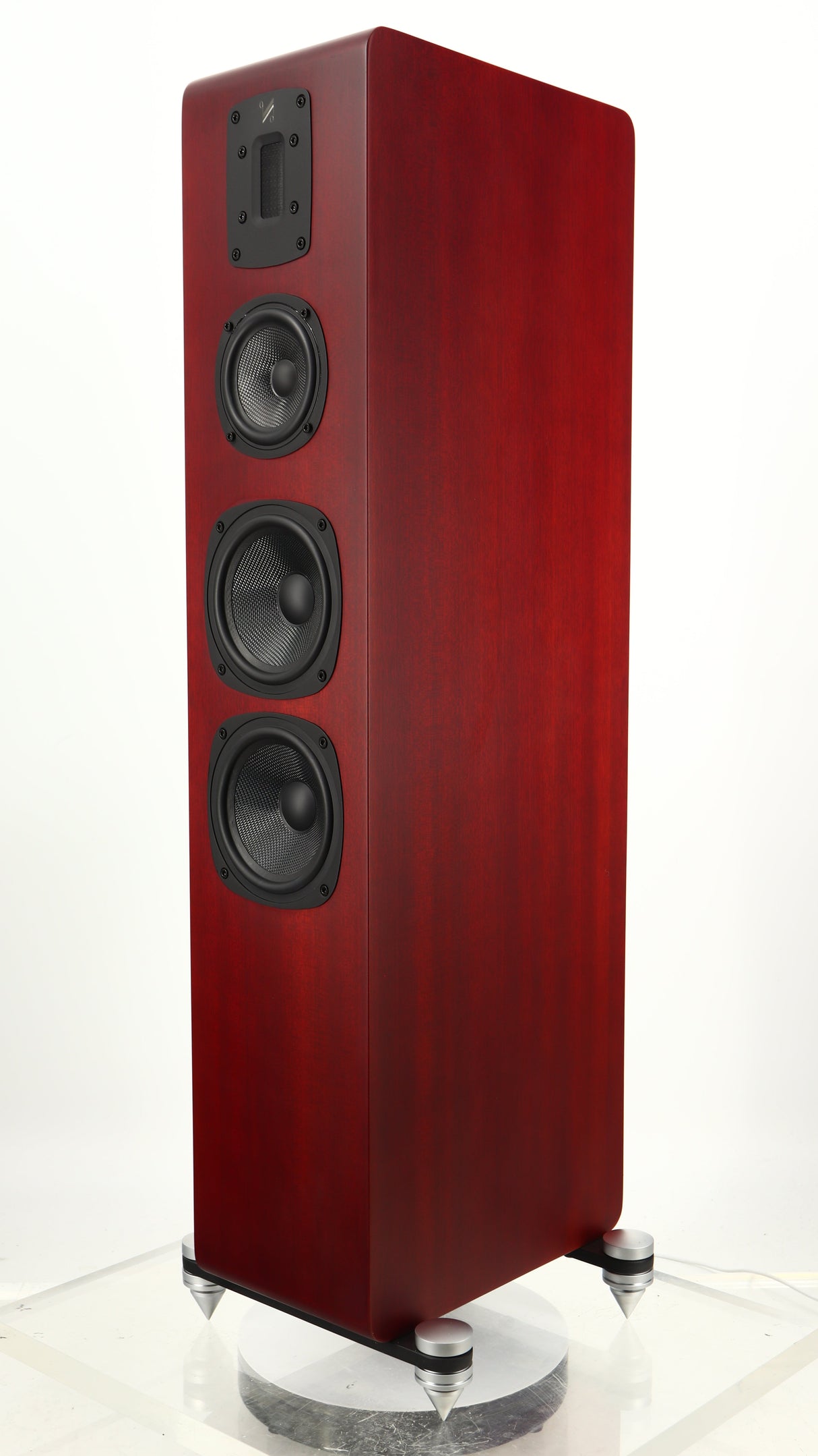 Front right corner of a used Quad S4 Floorstanding Speaker in a sapele mahogany finish