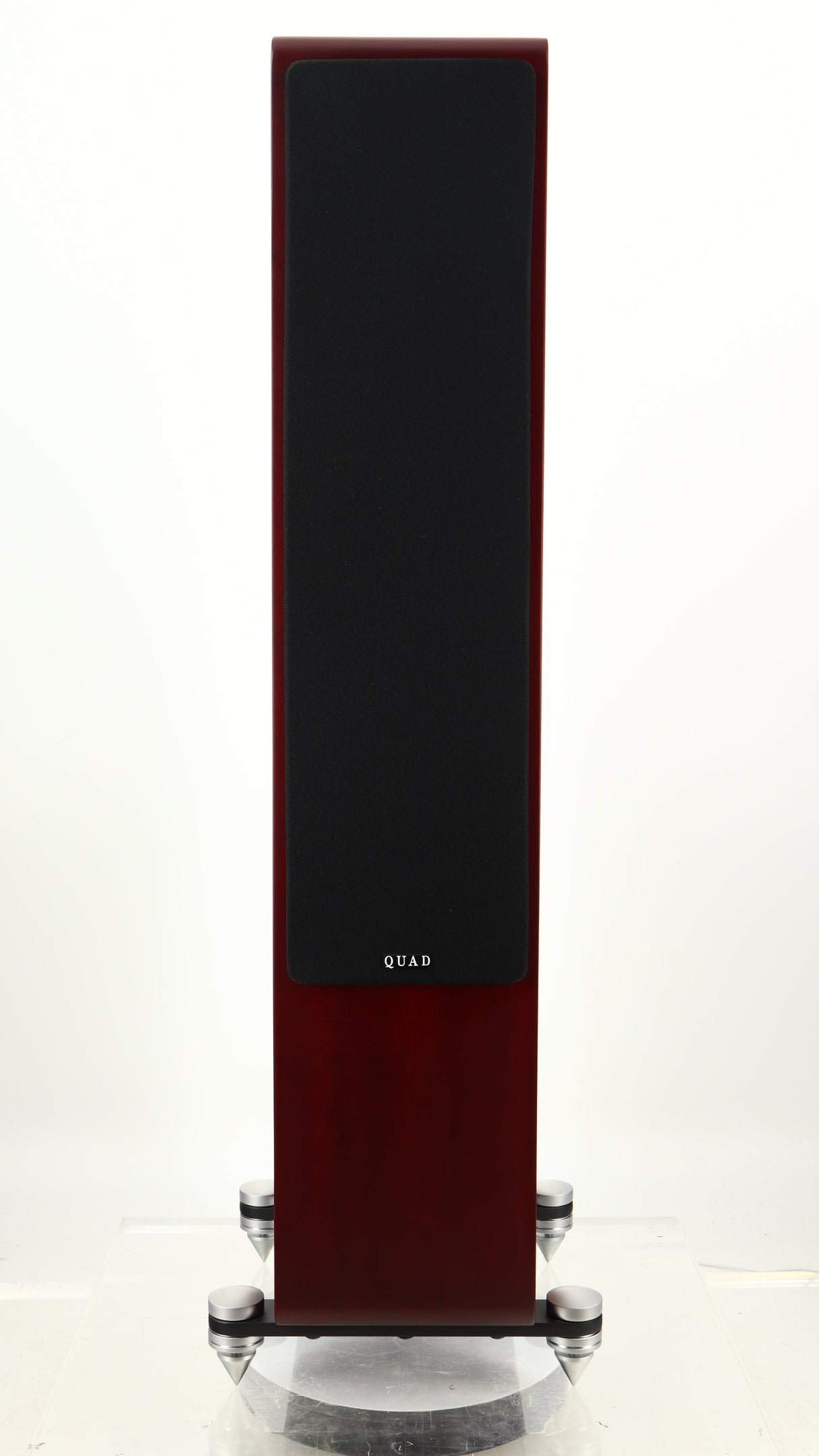 Front view of a used Quad S4 Floorstanding Speaker in a sapele mahogany finish showing Grille