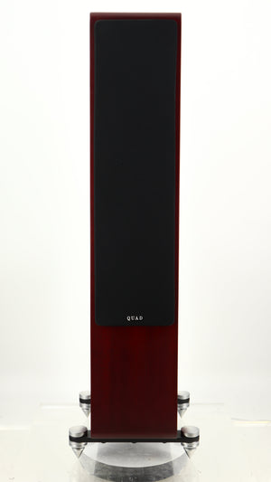Front view of a used Quad S4 Floorstanding Speaker in a sapele mahogany finish showing Grille