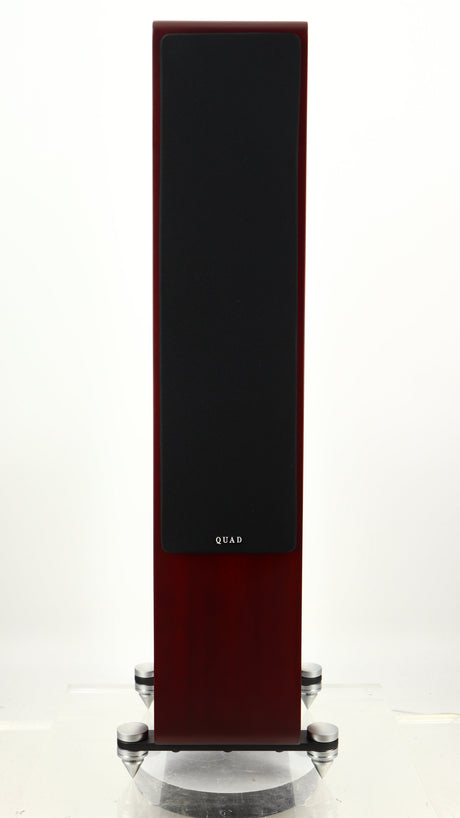 Front view of a used Quad S4 Floorstanding Speaker in a sapele mahogany finish showing Grille