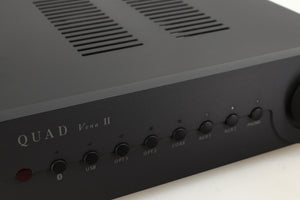 Close up of a used Quad Vena II Integrated Amplifier in a lancaster grey finish showing some of the fascia