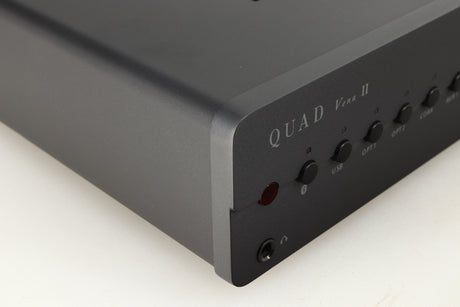 Front left corner of a used Quad Vena II Integrated Amplifier in a lancaster grey finish