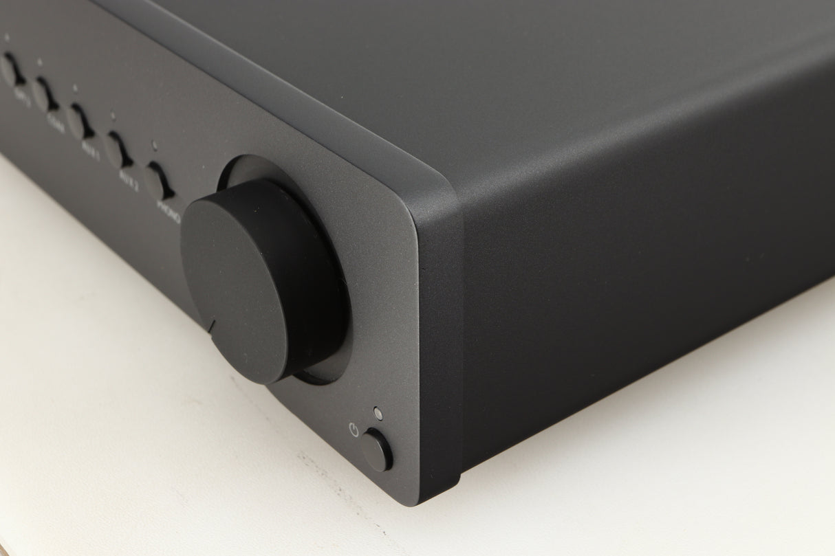 Front right corner of a used Quad Vena II Integrated Amplifier in a lancaster grey finish