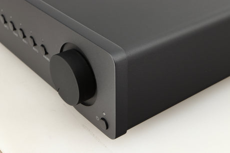Front right corner of a used Quad Vena II Integrated Amplifier in a lancaster grey finish