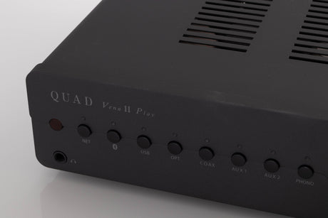 Close up view of a used Quad Vena II Play Integrated Amplifier in Lancaster Grey