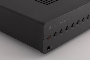 Front left corner view of a used Quad Vena II Play Integrated Amplifier in Lancaster Grey