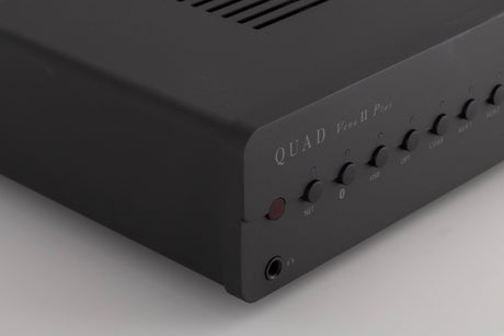 Front left corner view of a used Quad Vena II Play Integrated Amplifier in Lancaster Grey