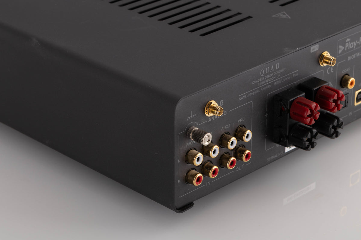Rear left corner view of a used Quad Vena II Play Integrated Amplifier in Lancaster Grey