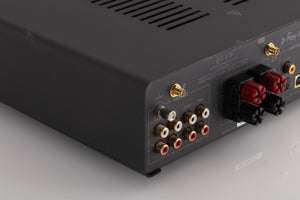 Rear left corner view of a used Quad Vena II Play Integrated Amplifier in Lancaster Grey