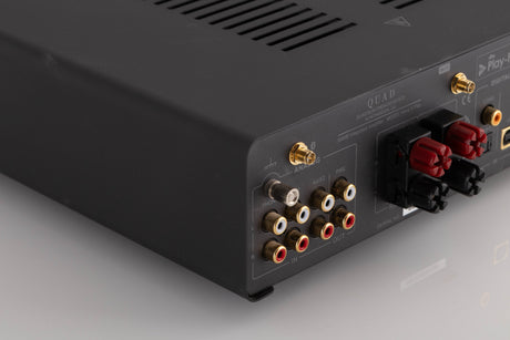Rear left corner view of a used Quad Vena II Play Integrated Amplifier in Lancaster Grey