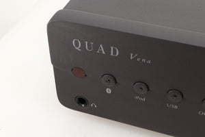 Close up view of a used Quad Vena Integrated Amplifier in Lancaster Grey finish showing some marks on the left side of the fascia 