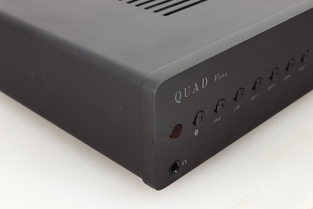 Front left corner view of a used Quad Vena Integrated Amplifier in Lancaster Grey finish 