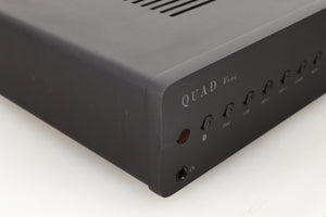 Front left corner view of a used Quad Vena Integrated Amplifier in Lancaster Grey finish 