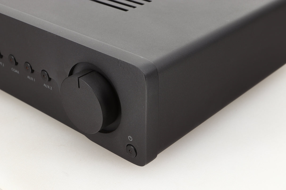 Front right corner view of a used Quad Vena Integrated Amplifier in Lancaster Grey finish 