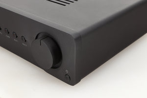 Front right corner view of a used Quad Vena Integrated Amplifier in Lancaster Grey finish 