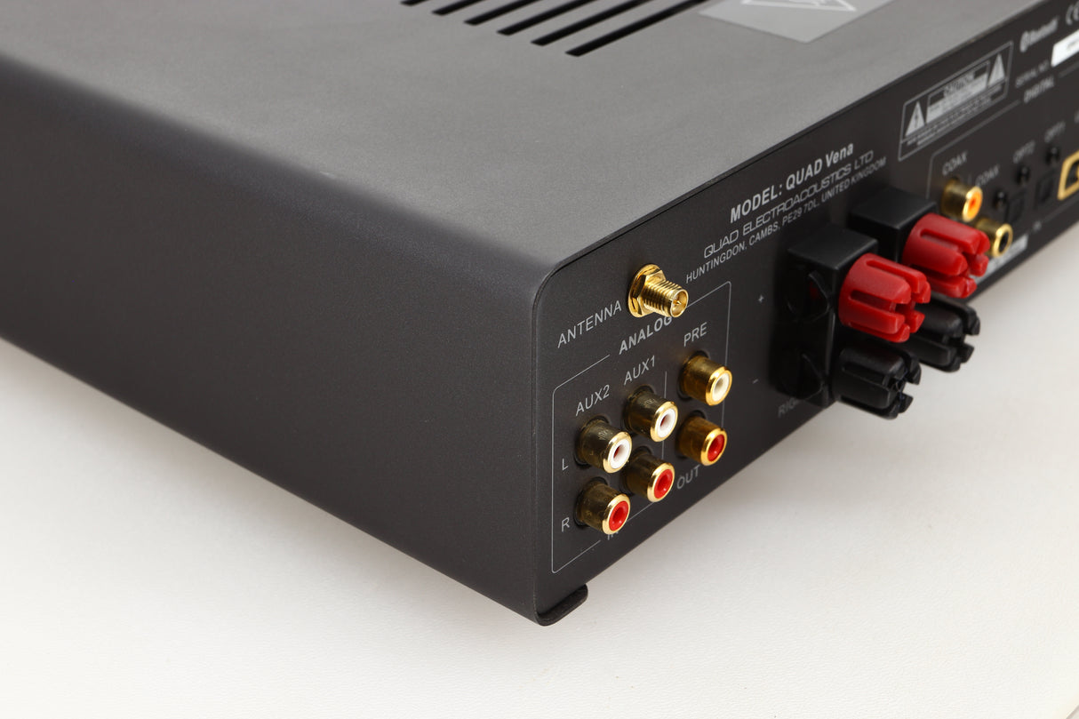 Rear left corner view of a used Quad Vena Integrated Amplifier in Lancaster Grey finish 