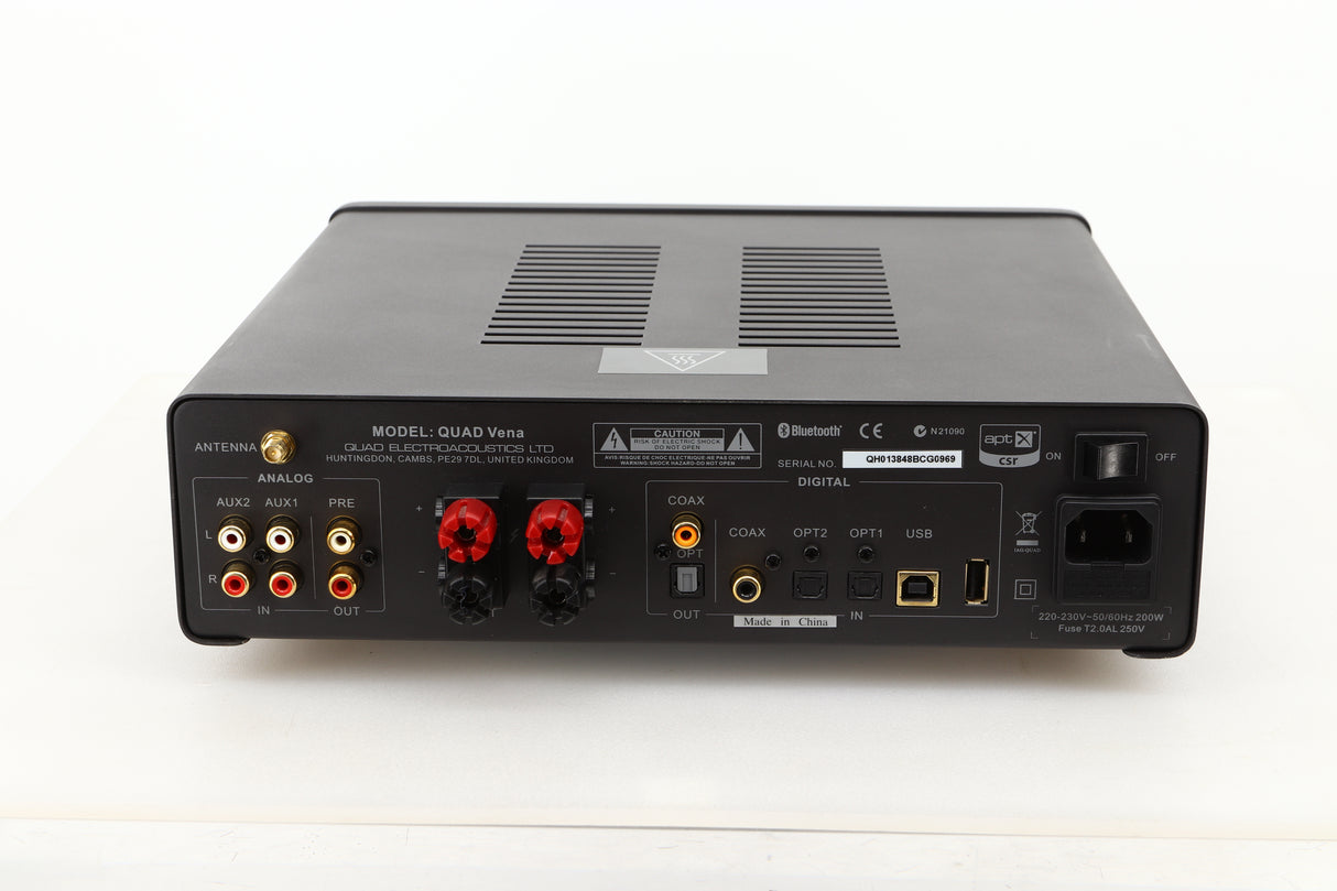 Rear view of a used Quad Vena Integrated Amplifier in Lancaster Grey finish showing RCA, coax, optical, USB, and mains inputs, RCA, coax, optical, and speaker outputs