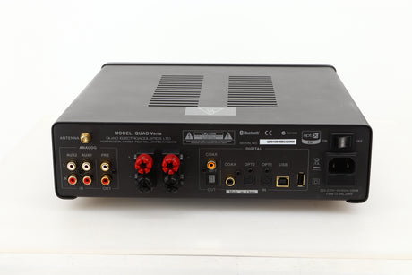 Rear view of a used Quad Vena Integrated Amplifier in Lancaster Grey finish showing RCA, coax, optical, USB, and mains inputs, RCA, coax, optical, and speaker outputs
