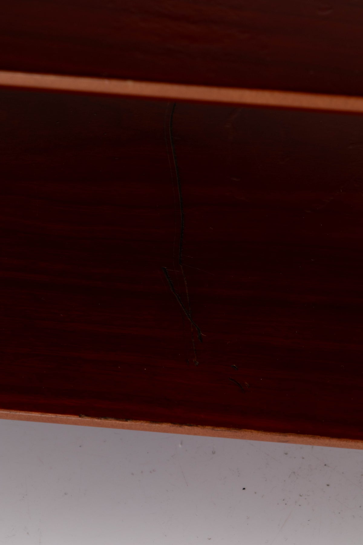 Close up of a used Quadraspire 4 Shelf Hifi Stand in a Dark Cherry / Black finish showing damage on stand