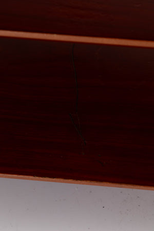 Close up of a used Quadraspire 4 Shelf Hifi Stand in a Dark Cherry / Black finish showing damage on stand