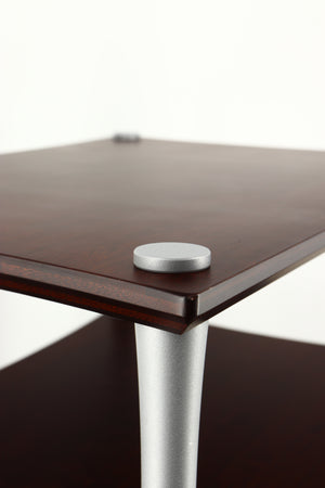 Close up of a used Quadraspire Q4 EVO Hifi Support in a dark cherry finish showing small chip on one corner